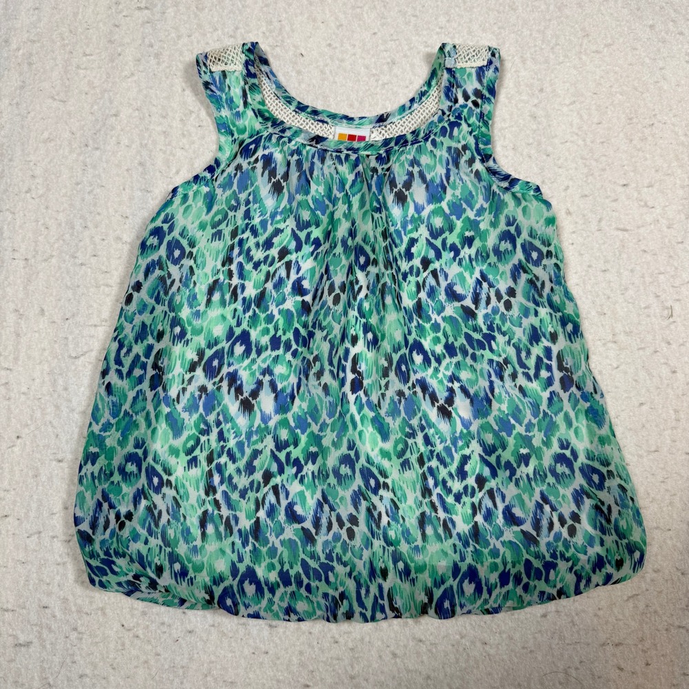 Healthtex Girls 3T Blue Green Leopard Print Crochet Lace Back Sleeveless Top